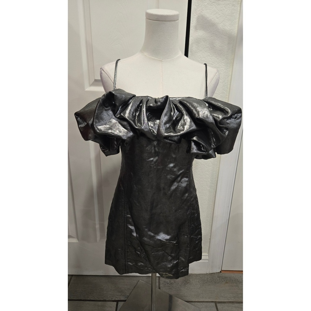 Zara Metallic Silver Ruffle Mini Dress Spaghetti Strap Party Night Out Size M